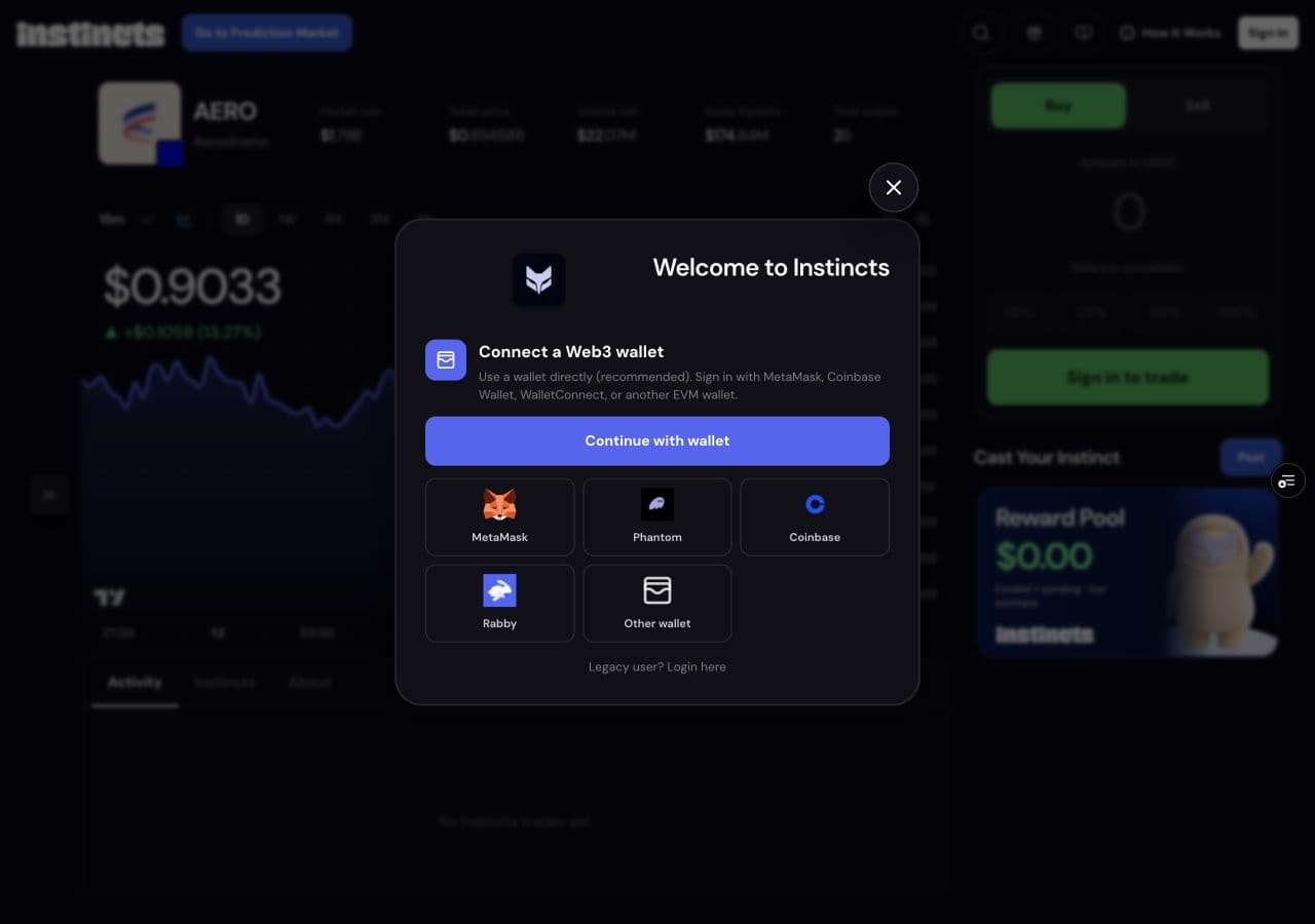 The Welcome to Instincts dialog showing the available wallet providers